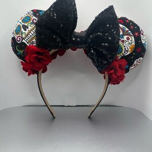 Disney Minnie Ears Headband with Black Sequin Bow Day of the Dead handmade